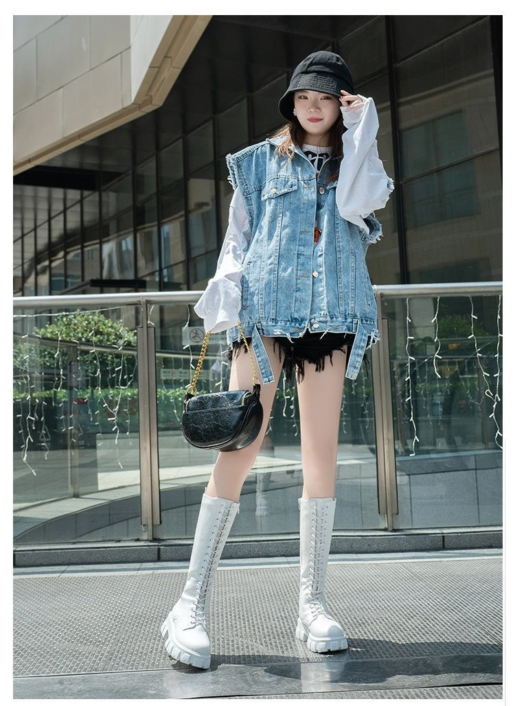 LazySeal Winter Long Boot Shoes Women White Lace Up Zip Height Increasing Pu Leather Shoes Plush Botas Mujer Big Size 43