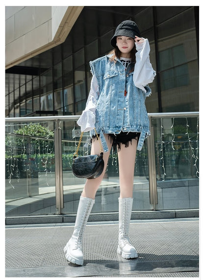 LazySeal Winter Long Boot Shoes Women White Lace Up Zip Height Increasing Pu Leather Shoes Plush Botas Mujer Big Size 43