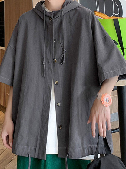 Gmiixder Hooded Short-sleeved Shirts for Men Women Japan Summer Trend Cityboy Solid Blouse Unisex Cargo Button Up Shirt Jacket