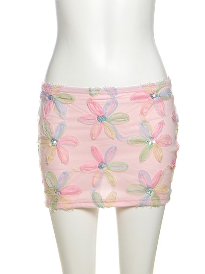 Weird Puss Colorful Flowers Skirts Women Sequins Patchwork Mesh Summer Trend Sweet Street Party Casual Holiday Chic Mini Bottoms