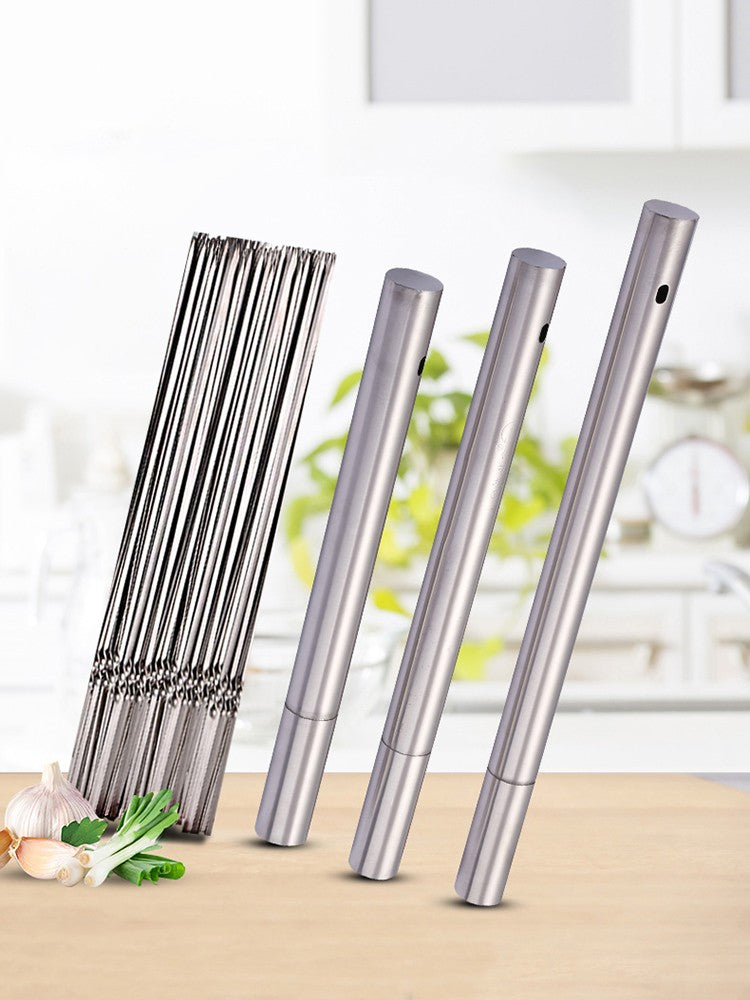 Skewers for Grilling Storage Tube Stainless Steel Barbecue Skewer BBQ Needle Sticks Metal Flat Forks for Kitchen Camping Gadgets