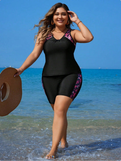 VigoJany 2025 Large Strapped Print Swimwear Women Plus Size Boxer Tankini Set Swimsuit 2 Piece High Waist Chubby Bathing Suit