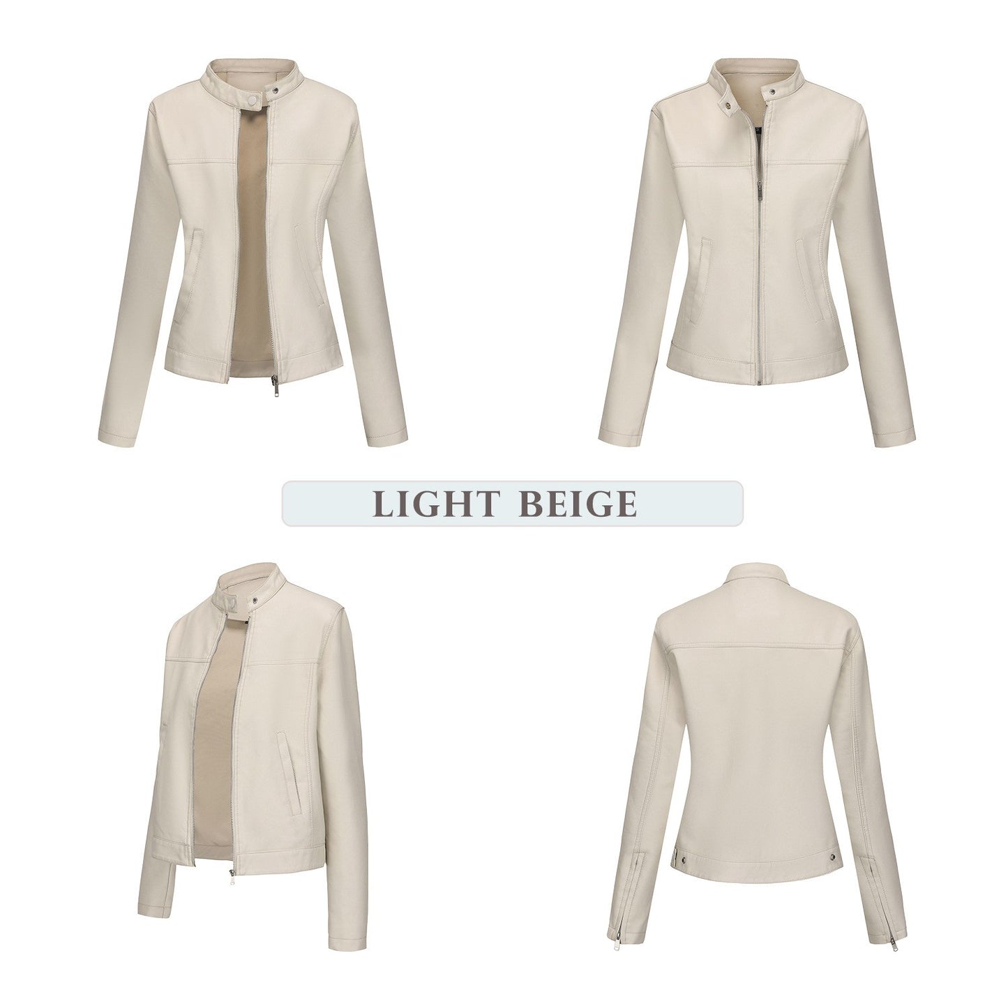 Black Women's Fitted Leather Jacket with Front Zipper & Side Pockets?, Available in Brown, Navy Blue, and Beige.