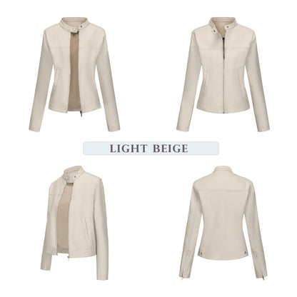 Black Women's Fitted Leather Jacket with Front Zipper & Side Pockets?, Available in Brown, Navy Blue, and Beige.