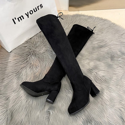 Spring New Fashion Slim Thick High Heels Flock Women Over-the-Knee Long Modern Stretch Boots Winter Long Boots D252