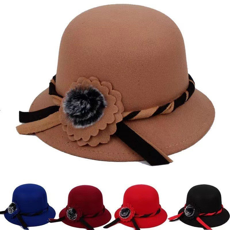 Flat Top Fedoras Hats for Women Solid Color Imitation Woolen Jazz Cap Elegant British Wide Brim Ladies Caps Bowler Hats Fedora