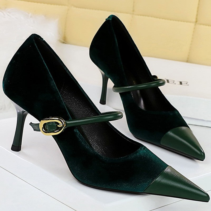 Korean Version Party 10cm 7cm High Heels Women Shoes Thin Heels Velvet Shallow Montage Pointed Toe Metal One-line Buckle Pumps