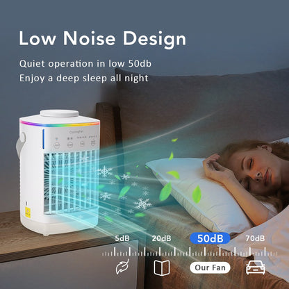 Mini climatizador portátil de 4 velocidades para mesa com temporizador, ventilador de resfriamento, spray de água, USB, para escritório e casa