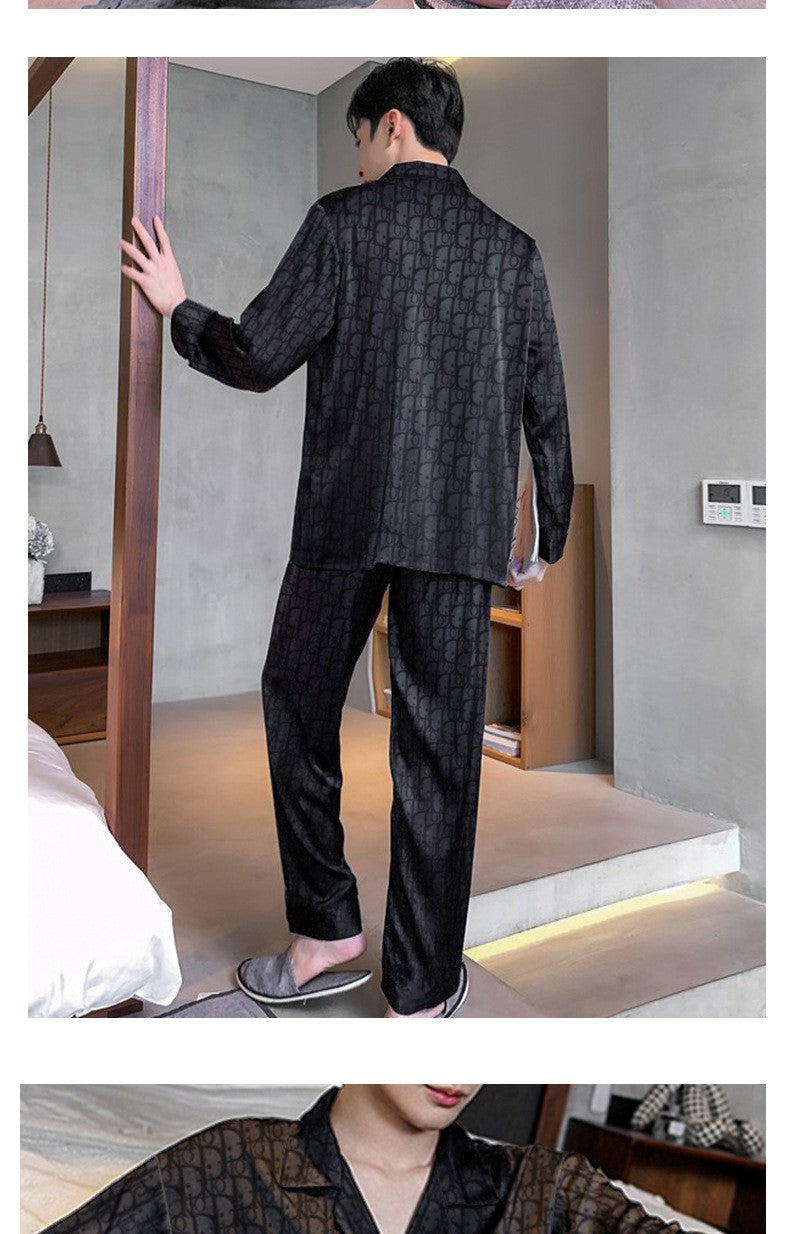 Plus Size Men's Pajama Suit Long Sleeve Silk Jacquard Pattern Premium Black Suit Lapel Top Long Pants Sleepwear Loungewear