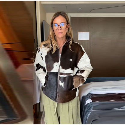 Fashion Women's Cow Print Jacket Lapel Collar Short Length Zipper Button Coats 2025 Autumn Winter Female Trendy Warm Outerwear