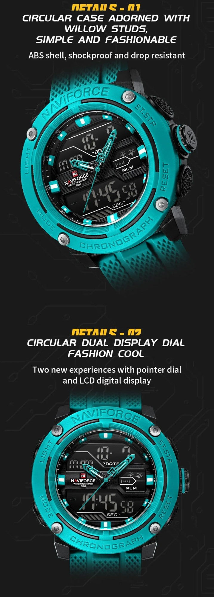 NAVIFORCE Sport Watch for Men Waterproof Dual Display Quartz Wristwatch Mens Digital Date Clock Military Stopwatch Reloj Hombre