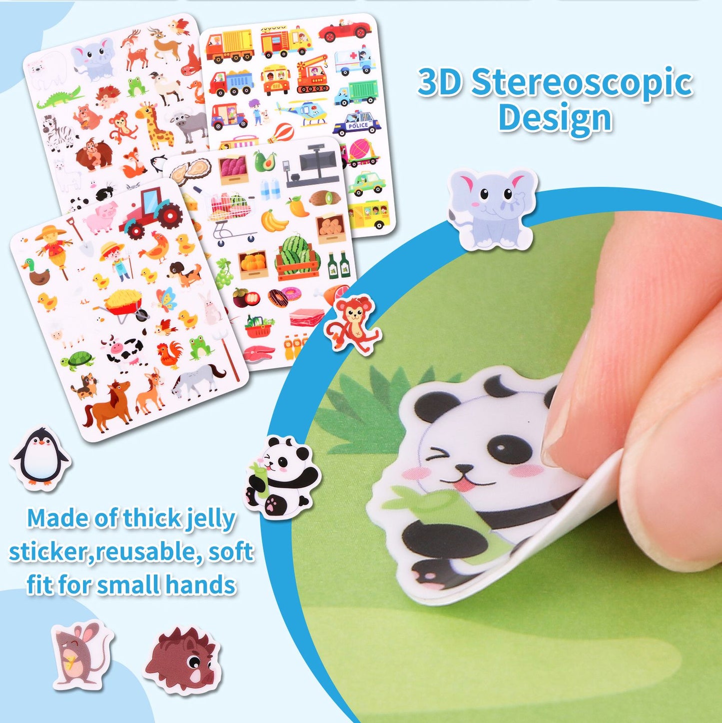Kids' Reusable DIY Sticker Books Multi-Theme Bubble Sticker Jelly Stickers Portable Montessori Sticker Toy Gifts for Children