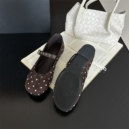 Designer Polka Dot Ballet Flats for Women Sweet Bow Decoration Elegant Mary Jane Shoes Fashion Buckle Shallow Comfort Dress Shoe