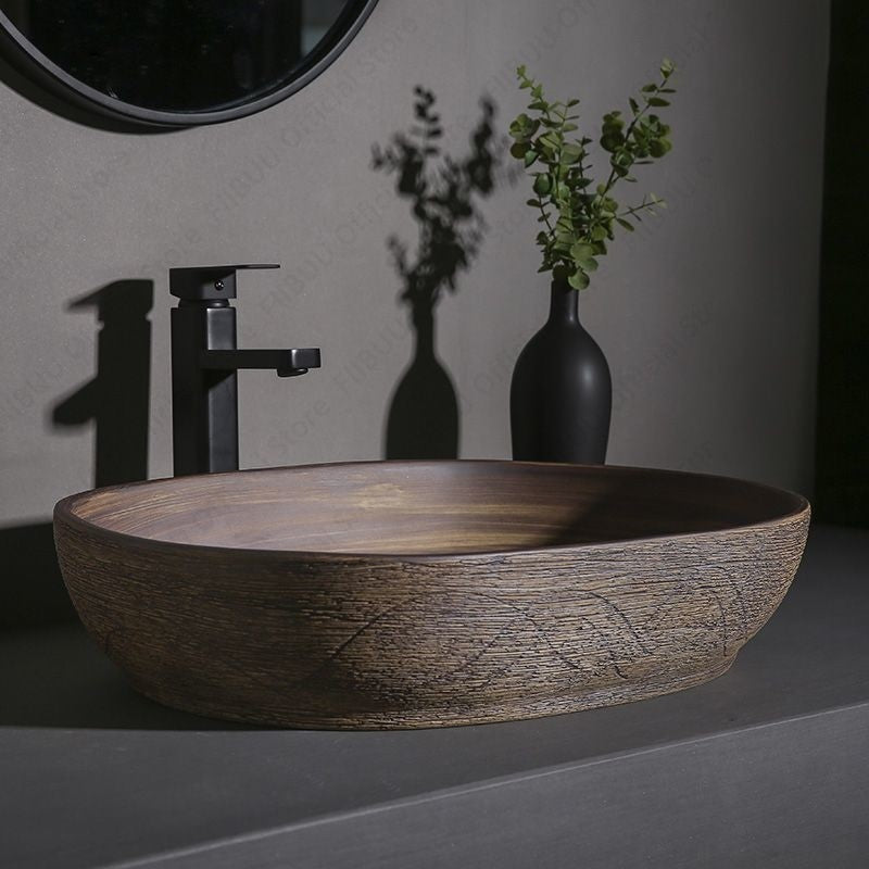 Cuba de Cerâmica Marrom para Lavatório de Banheiro Oval Artística para Mesa de Banheiro, Bacia de Lavar Roupa para Varanda, Bacia de Pedestal Acima do Balcão