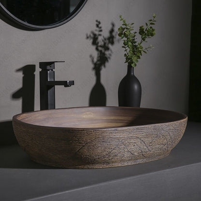 Cuba de Cerâmica Marrom para Lavatório de Banheiro Oval Artística para Mesa de Banheiro, Bacia de Lavar Roupa para Varanda, Bacia de Pedestal Acima do Balcão
