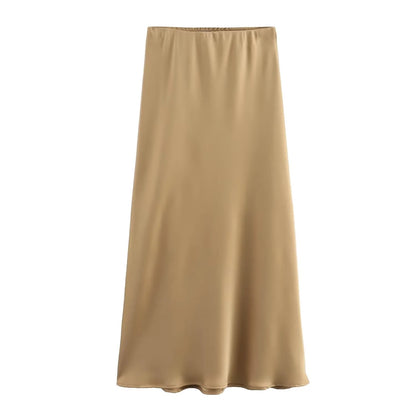 XNWMNZ Women's Fashion 2023 Flowing Satin Midi Skirt Women Vintage Elastic High