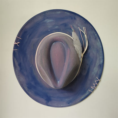 Chapéu Fedora Pintado à Mão Masculino e Feminino Chapéu Panamá Moda Primavera Outono com Pena Envolta Chapéu Fedora de Lã com Aba Grande