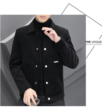 Men's Fleece-Lined Thickened Warm Casual Jacket New Turn-Down Collar Trendy Short Wool Coat Woolen Overcoat