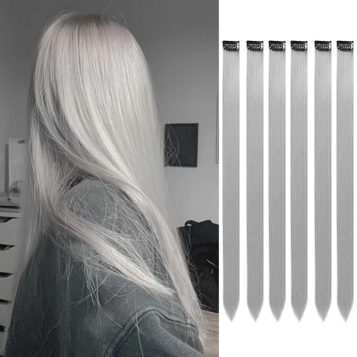 6 Pcs Clip Extensions, 24 Inch Colored Hair Extensions Party Highlights Long Straight Synthetic Hairpieces for Women Kids Girl