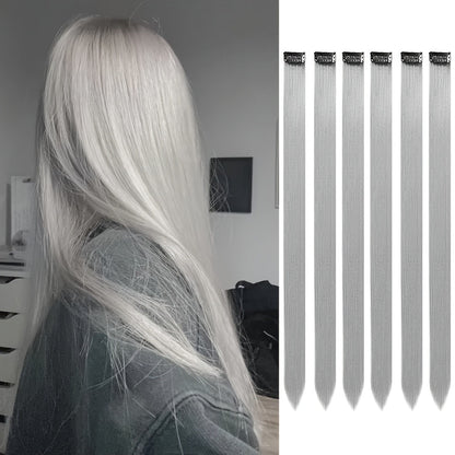 6 Pcs Clip Extensions, 24 Inch Colored Hair Extensions Party Highlights Long Straight Synthetic Hairpieces for Women Kids Girl