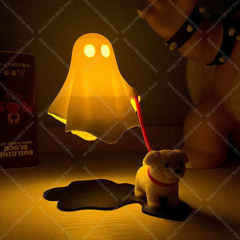 Cute Ghost LED Night Light with Dog Figure - Spooky Desk Lamp, Halloween Decor, Warm Light for Bedroom