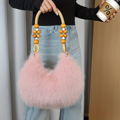 Women's Faux Handbag, Plush Faux Tote Purse with Bead Accented Strap, Zipper Closure Elegant Handbags Shoulder Bags for Everyday