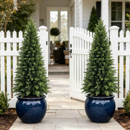 2/3/4/5/6FT Artificial Topiary Cedar Trees UV-Resistant Faux Evergreen Outdoor Indoor Plants Black Pot Faux Cedar Topiary Plants Christmas Trees for Front Porch Entryway & Patio Xmas Decor