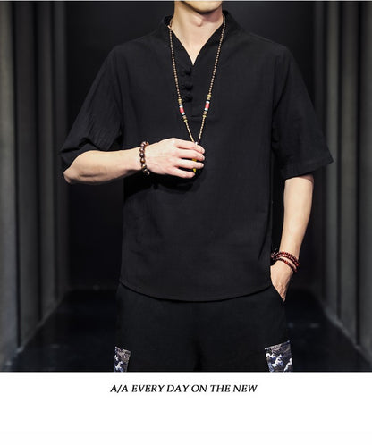 2023 Men Summer Cotton Linen Tang Shirt Men Chinese Style Button Short-Sleeved Shirts Male Blouse Vintage Kung Fu Hawaiian Shirt