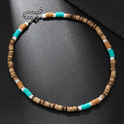 Colar Masculino Artesanal de Contas de Madeira e Argila Colar Fashion Vintage Africano de Contas Brancas para Homens Colar de Surfista de Praia Joias Tribais