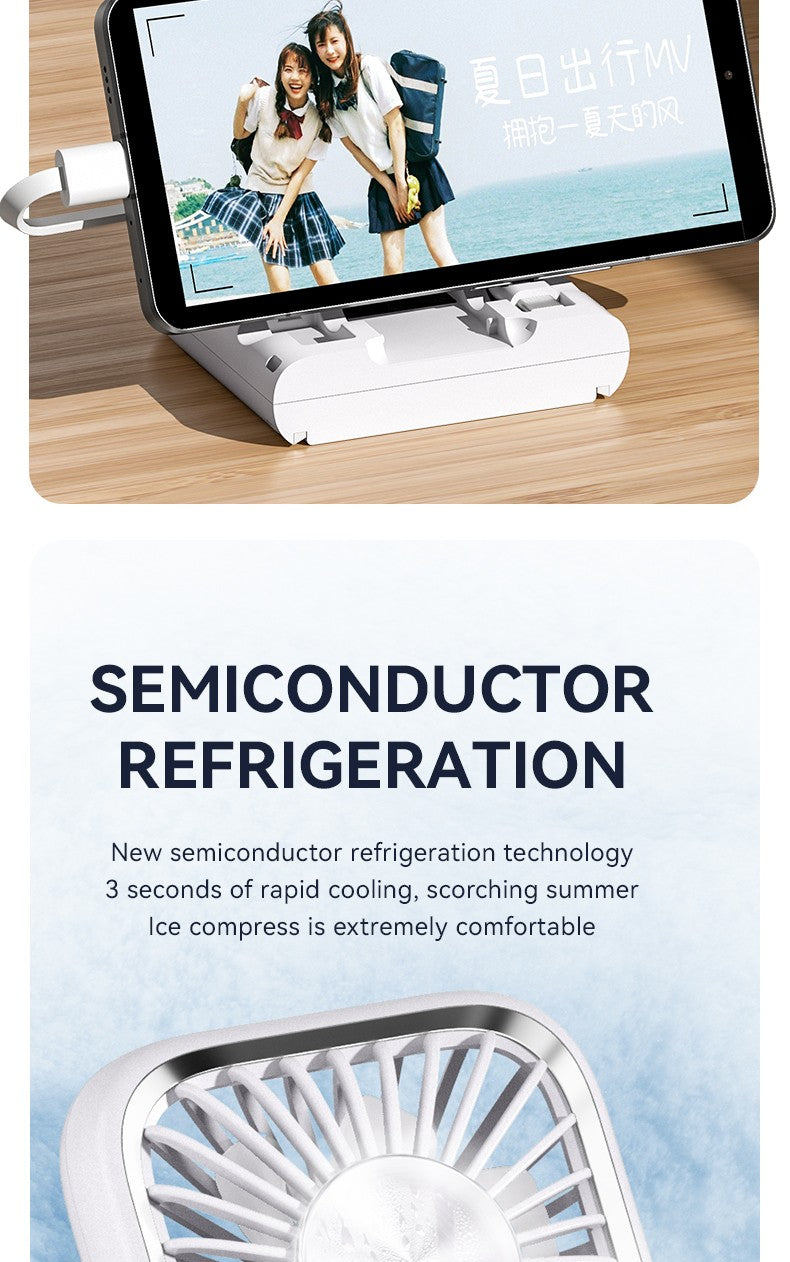 Folding Mini Cooling Air Fan Mobile Phone Holder Power Bank 3000mAh USB Rechargeable Cooling Handheld Desktop Fan with Lanyard