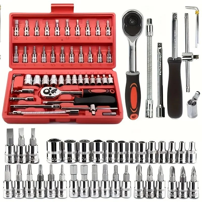 Kit de Ferramentas de Reparo Automotivo 46 Peças, Caixa de Ferramentas de Chave Catraca Combinada, Jogo de Ferramentas para Manutenção Automotiva e Reparo de Soquetes Veiculares