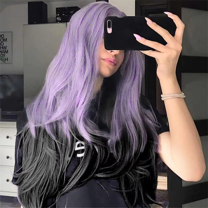Peruca Sintética Cabelo Cacheado Longo com Onda Corporal Natural Roxo Preto para Festa Anime Cosplay