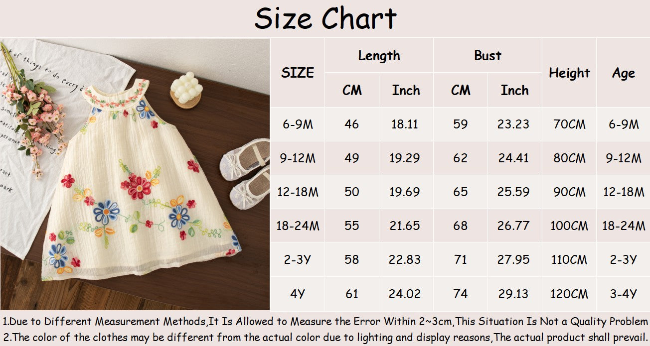 Baby Girl Dresses Summer Flower Embroidery Cotton Neck Girls Dresses Cute Girls Beach Dresses Baby Girl Clothes