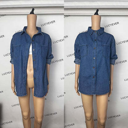 Lucyever Blue Denim Shirt Women 2023 Autumn New Single-Breasted Jeans Blouses Female Pockets Loose Fashion Lapel Cowboy Blusas