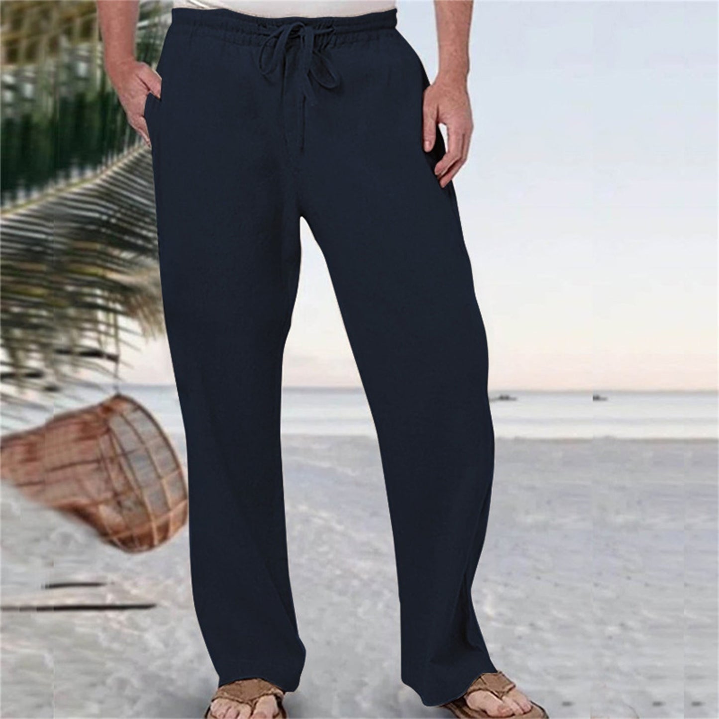 Mens Fashion Casual Pants Solid Color Breathable Cotton Linen Elastic Waist Straight Pants With Pockets Large Size White Pants