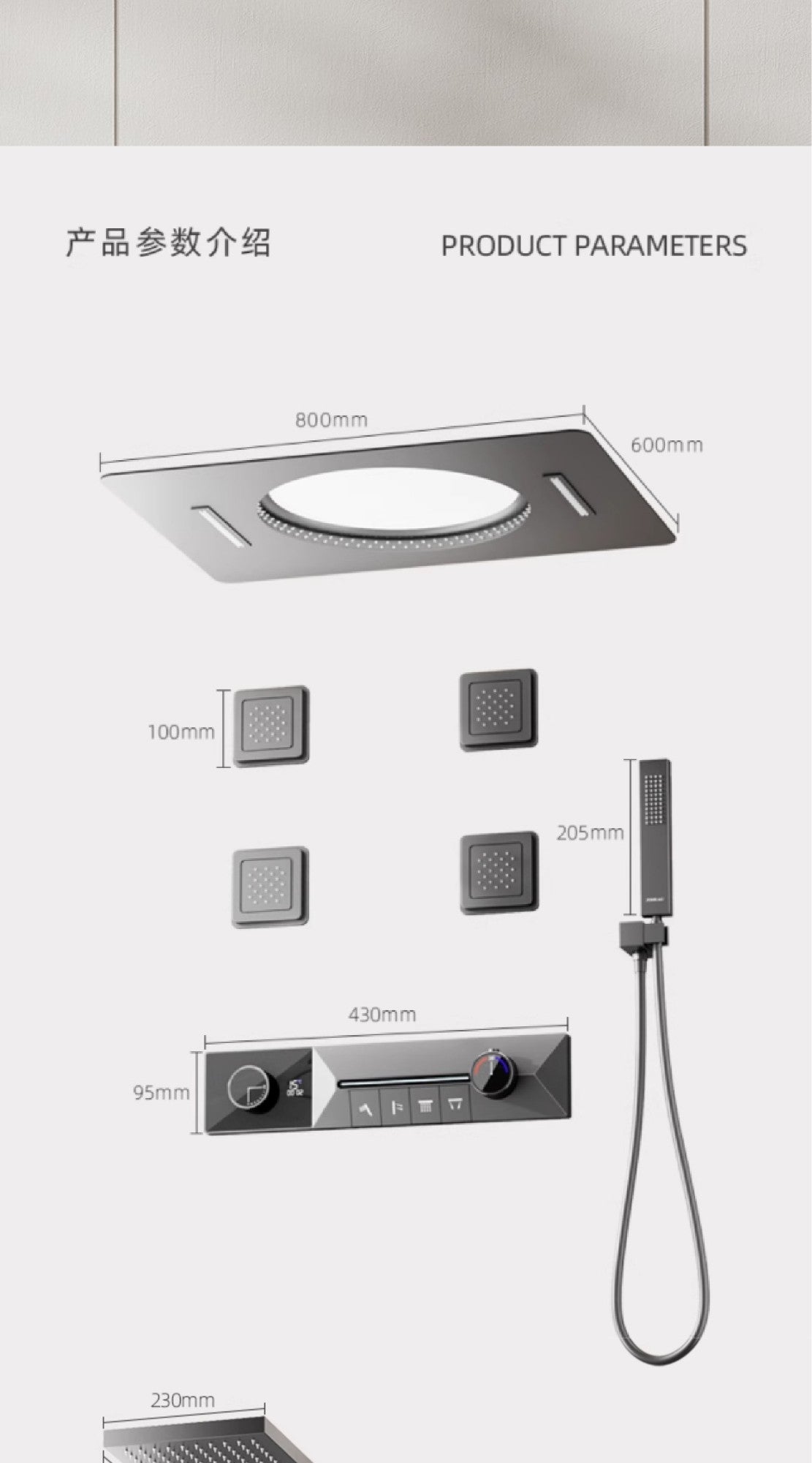 AITANA sistema de chuveiro de luxo em latão cinza arma, embutido no teto, com temperatura constante e display digital LED, torneira de banheiro com água quente e fria
