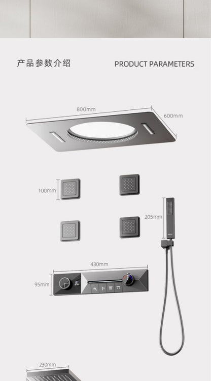 AITANA sistema de chuveiro de luxo em latão cinza arma, embutido no teto, com temperatura constante e display digital LED, torneira de banheiro com água quente e fria