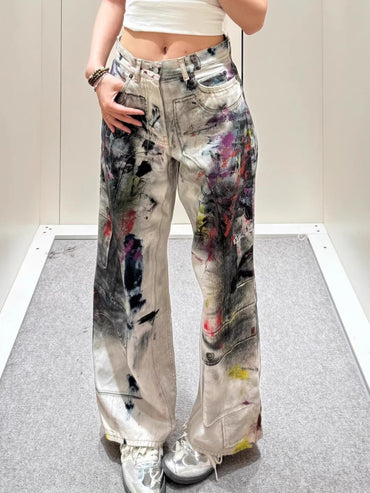 American vintage graffiti 3D printed jeans for women high street Y2K style loose straight-cut casual wide-leg floor-length pants