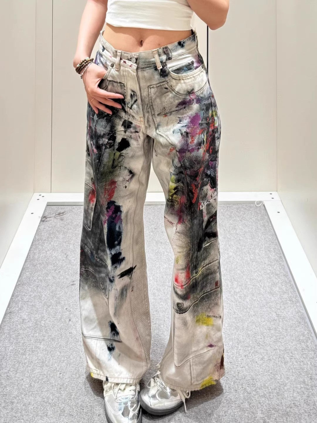 American vintage graffiti 3D printed jeans for women high street Y2K style loose straight-cut casual wide-leg floor-length pants