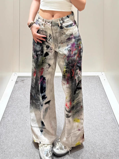 American vintage graffiti 3D printed jeans for women high street Y2K style loose straight-cut casual wide-leg floor-length pants