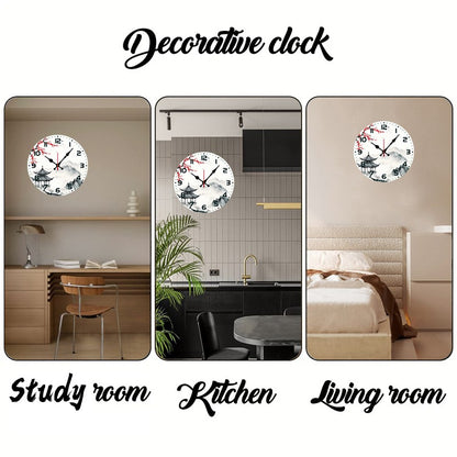 Chinese Landscape Wooden Round Silent Hanging Wall Clock, Suitable For Living Room, Office, Study Room, Bedroom, Home Decoration