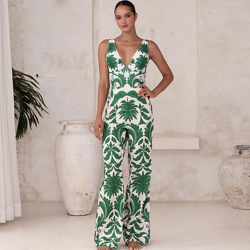 Flaxmaker Women Sexy Deep V Neck Printed One-piece Swimsuit and Pants Sets Swimwear Monokini Girl Beach Bathing Suits Beachwear