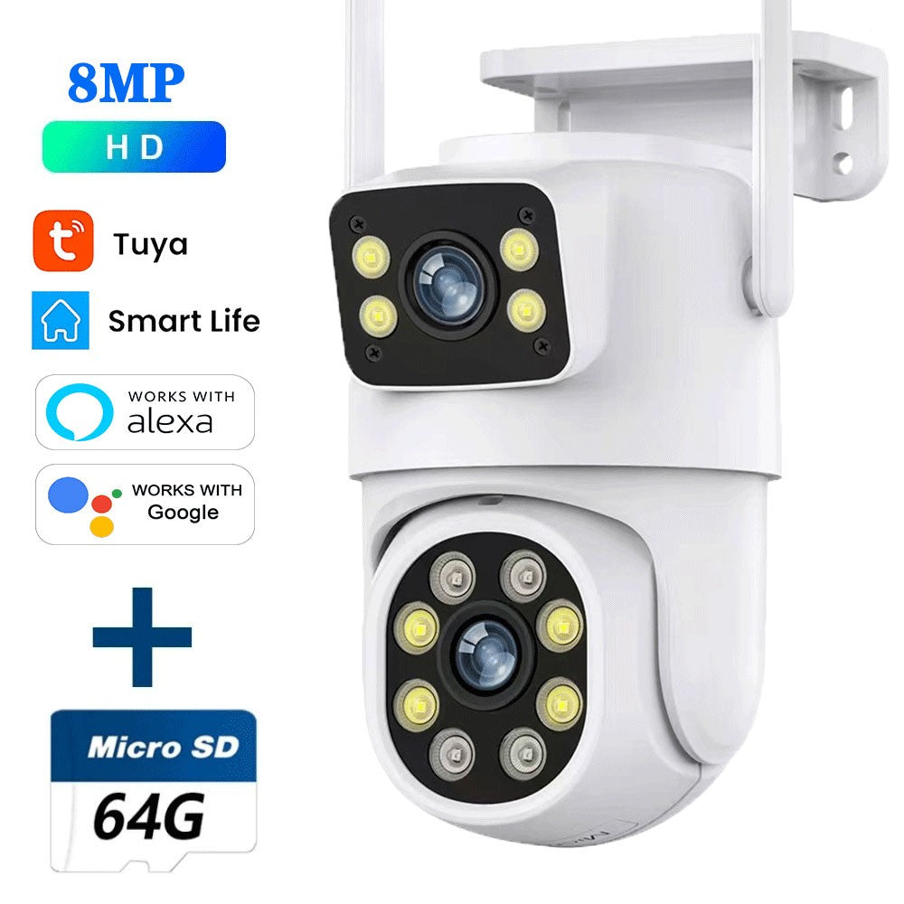 Câmera WIFI PTZ de Lente Dupla Tuya 4K 8MP para Exterior com Tela Dupla Ai Detecção Humana Automática Segurança com Alexa Google