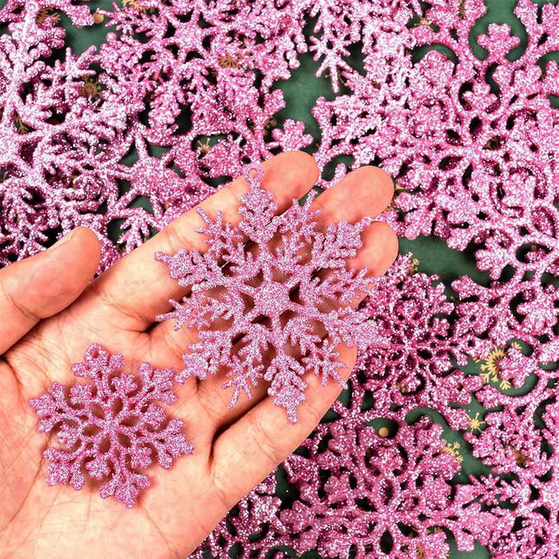 12PCS Pink Glitter Plastic Snowflake Decorations 10cm Christmas Tree Hollow Snowflake Pendants New Year Party Festival Supplies