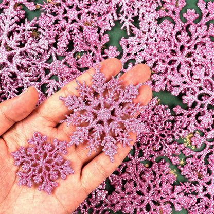 12PCS Pink Glitter Plastic Snowflake Decorations 10cm Christmas Tree Hollow Snowflake Pendants New Year Party Festival Supplies