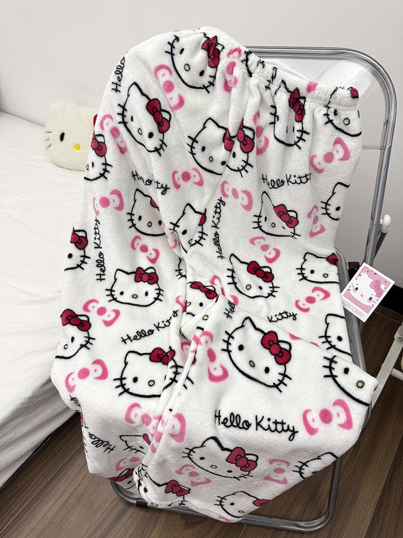 Anime Stitch Plush Pajama Pants Sanrio Kawaii Hello Kitty Cute Women Winter Warm Student Sleeping Pants Loose Casual Home Pants