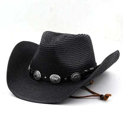 Chapéu de Cowboy Ocidental de Palha Oco para Homens e Mulheres Verão 2023 Chapéu de Sol Elegante Punk Sombrero Hombre Cowgirl Outdoor Jazz Beach