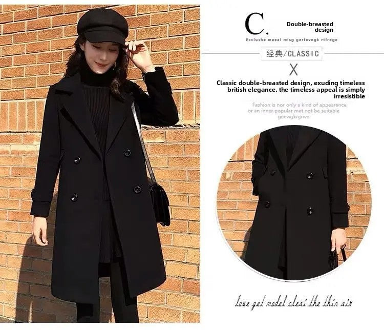 Plus Size Black Woolen Coat 2025 New Style Women's Autumn Winter Professional Mid-Length Trendy Polyester Fiber Suit Collar F...