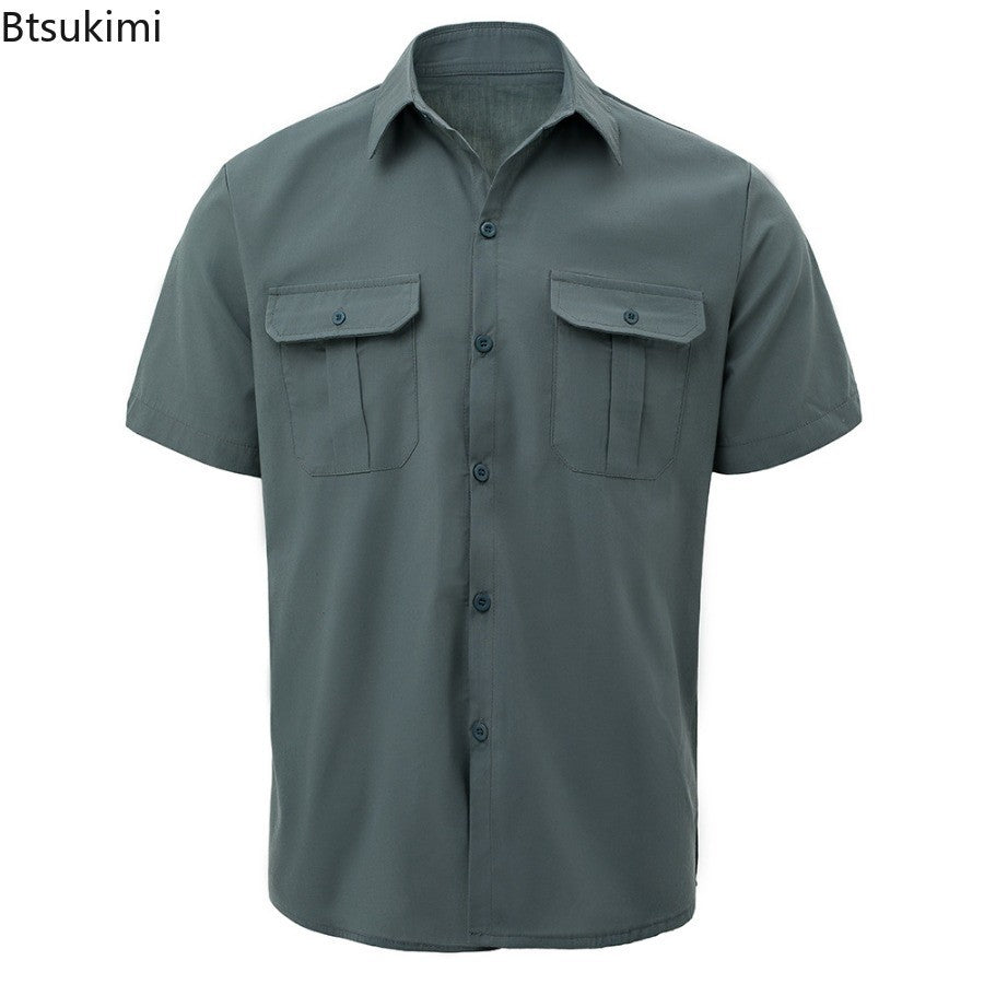 New 2025 Men's Summer Short Sleeve Solid Safari Shirt Loose Casual Cargo Shirt Double Pocket Lapel Button-up Men Work Shirt Tops