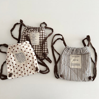 Mochila de cordão estilo coreano para bebês, inverno, bolinhas, listras, xadrez, leve, bolsa de ombro para crianças